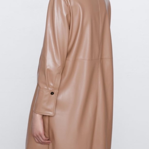 LIKE NEW ZARA Beige Brown Tan Faux Leather Shirt Dress Coat Buttoned Jacket - Picture 4 of 8